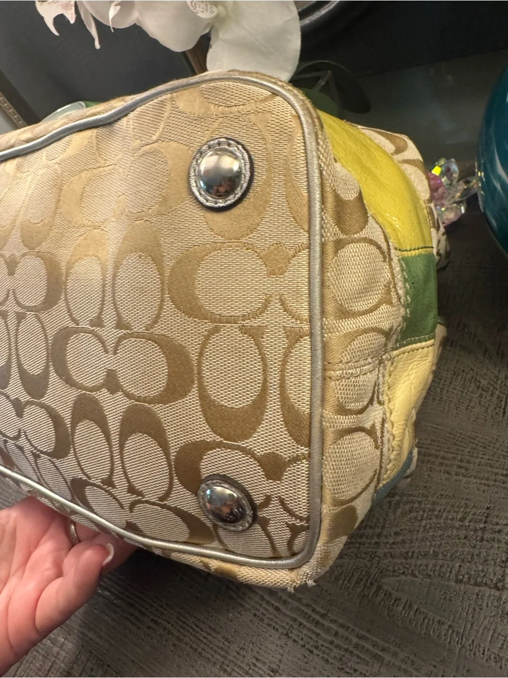 EUC Coach KISS LOCK Signature Canvas Tote with Multicolor Leather Patches 2 Tags